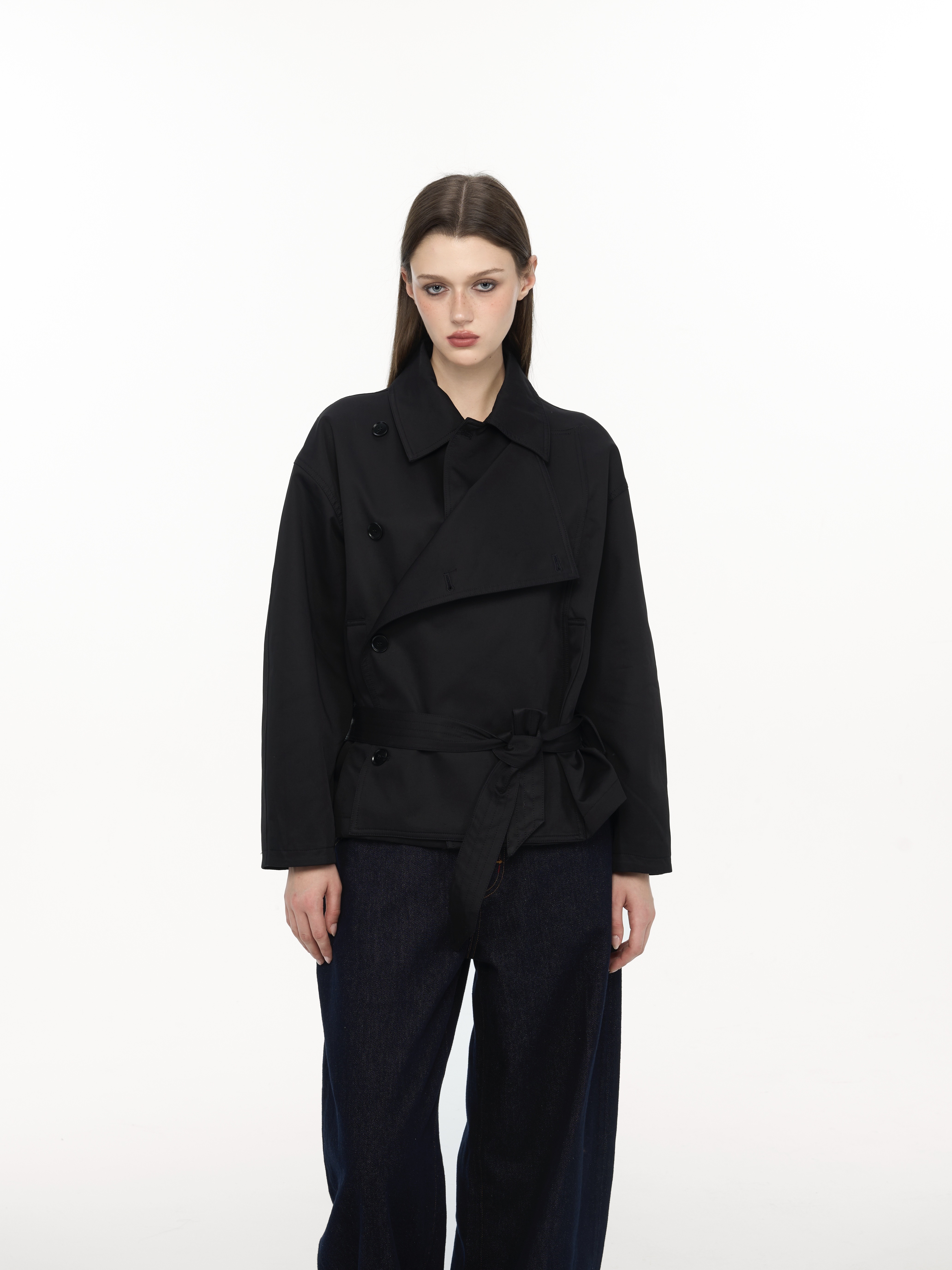 Women's Short Trench Coat, Double-Breasted Black Jacket with Belted Waist and Stand Collar